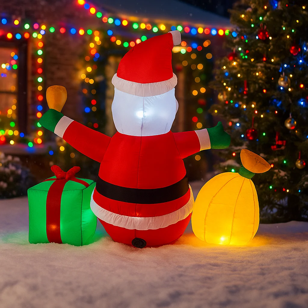5피트 크리스마스 장식품, 쿠키를 든 산타클로스와 선물 가방 장난감, LED 장식이 있는 집 마당 장식품