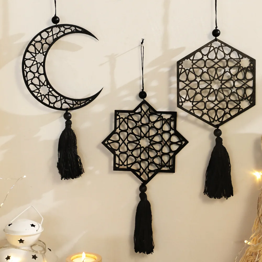 Black Star And Moon Hollow Wooden Craft Hanging Ornament for Home Bedroom Wall Decor Shelves Unique Wood Art