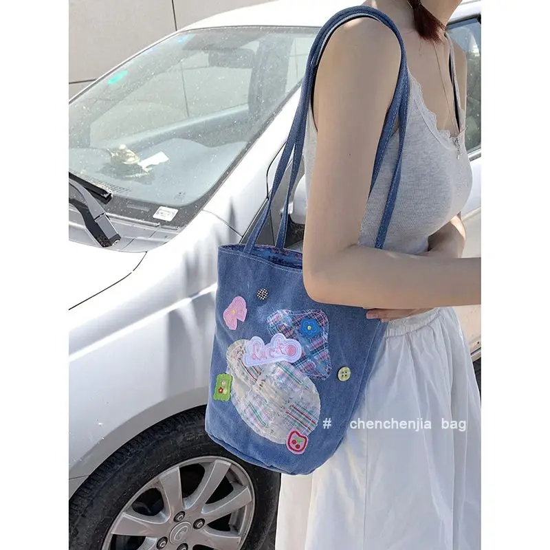 

Korean Denim Bag Female 2024 New Fashion Tote Bag All-match Large-capacity Canvas Large Capacity Bucket Bag