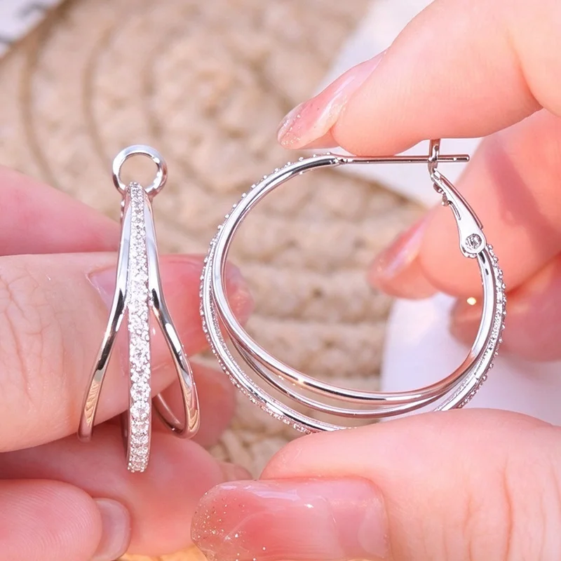925 Sterling Silver Earring Sparkling Triple Hoop Earrings Multi Layer CZ Circle Earrings For Women Jewelry Wholesale