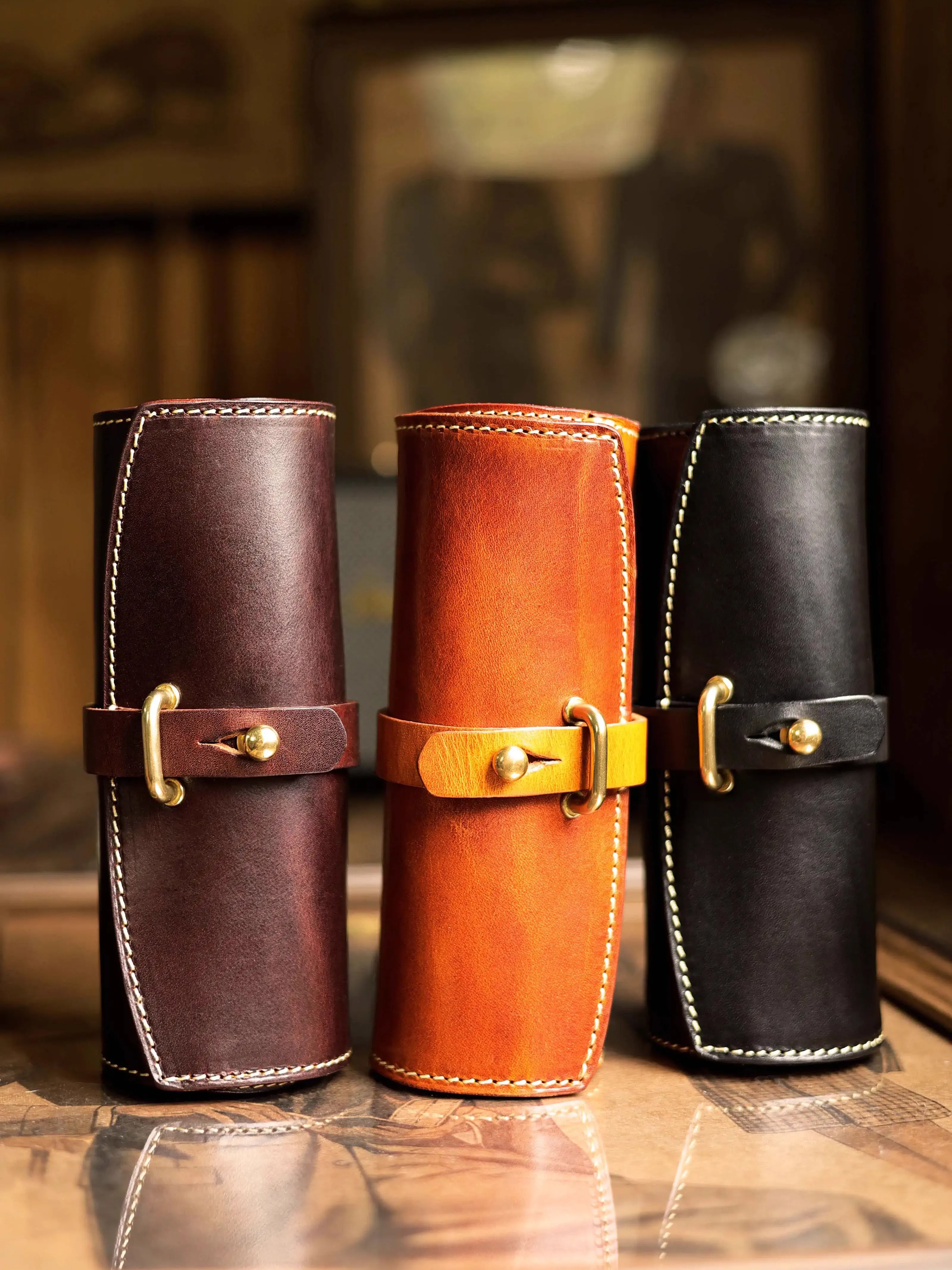 Vintage handmade vegetable tanned cowhide pressure-resistant glasses case bag luxury genuine leather stationery storage bag