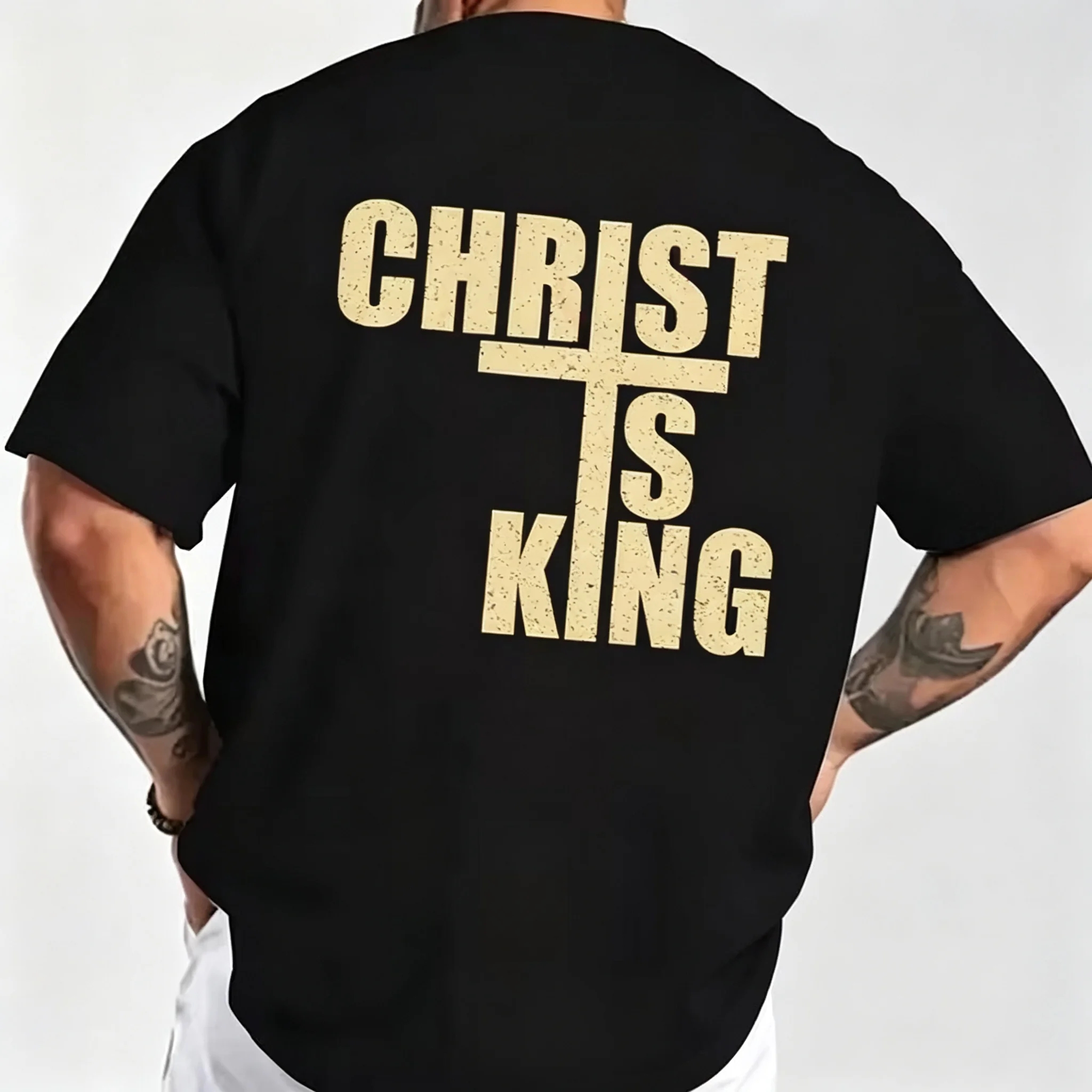 2026 New Parent‑Child Matching Unisex Oversized T‑Shirt Vintage Cross Faith Text Chest Back Print Black Streetwear Tops