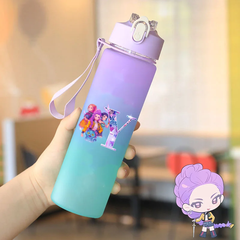 

750ML KPop Demon Hunteres Water Bottle With Straw Cartoon Anime Pattern Letter A-Z Print Outdoor Portable Sport Bottles Gifts