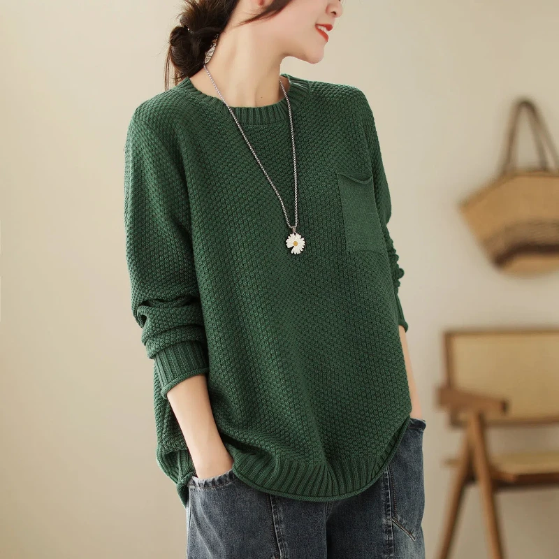 

Women's 2024 Autumn Winter Splicing Pullovers O-Neck Pocket Fashion Solid Color Loose Minimalist Casual Long Sleeve Knitted Top