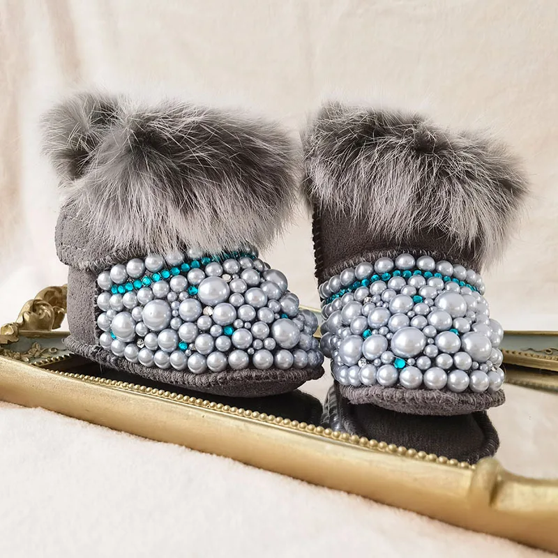 

Dollbling Mommy Daugther Baby Custom Pearls Boots Personalized Handmade Luxury Fur Infant Ivory Beads Bling Winter Botties