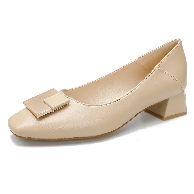 Medium Heel Single Shoes Women's Thick Heel Temperament Spring 2025 New Shallow French Soft Leather Square Head Shoes