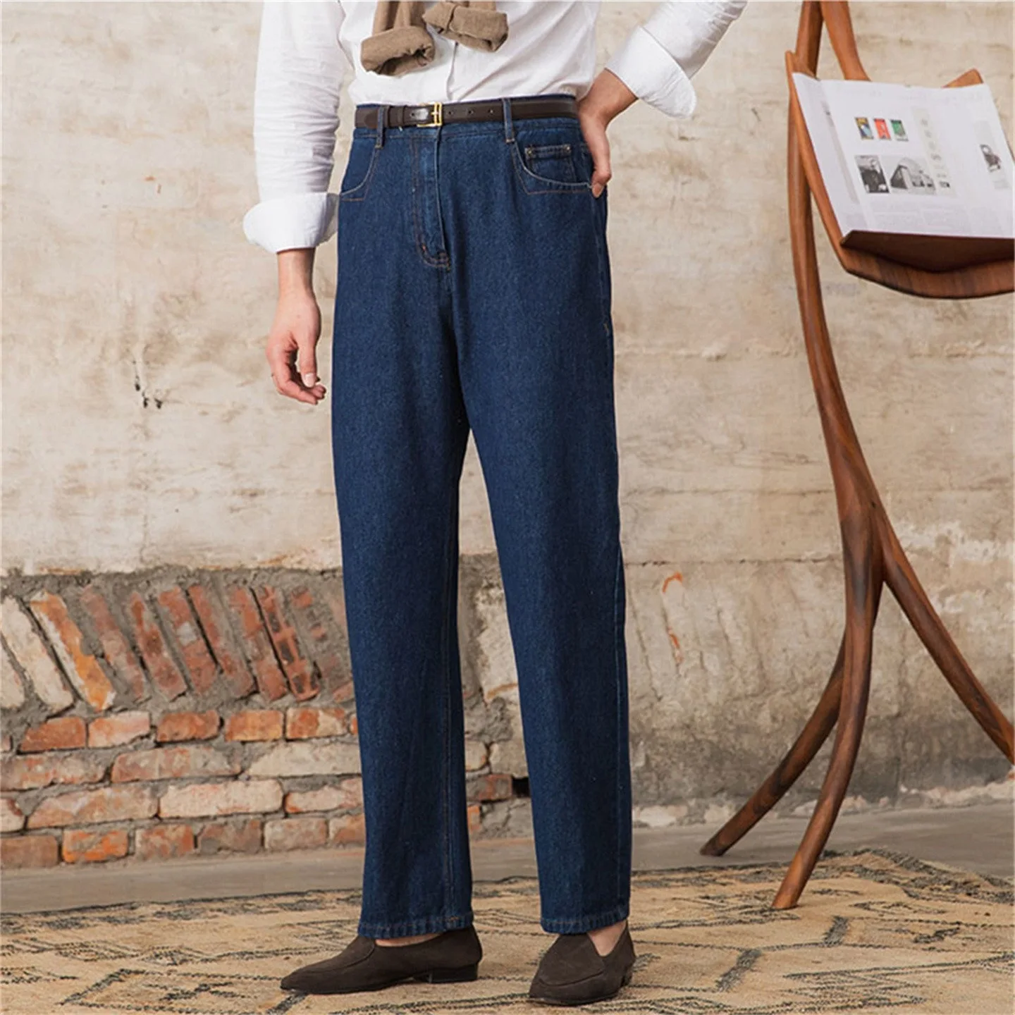 

Men's Dark Blue Solid Color Simple Basic Casual Trendy Daily Loose Straight High Waist Denim Trousers Male Fashion Clothes Jeans