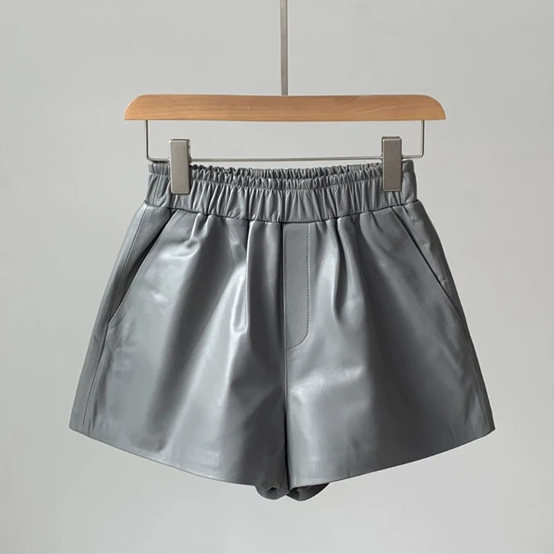 Real Leather Shorts for Women Elastic Waist Harem Short Pants Casual Korean Female Wide-leg A-line Slim-fit Sheepskin Shorts