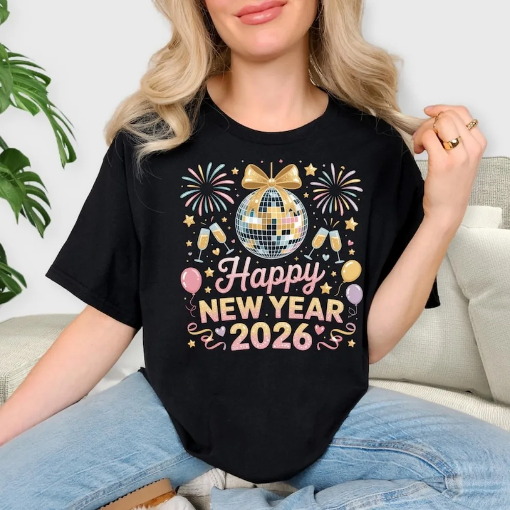 

Summer Happy New Year Shirt Hello 2026 Shirt Cheers Shirt Happy New Year 2026 Tees Fashion Casual Clothes Streetwear Women Tees