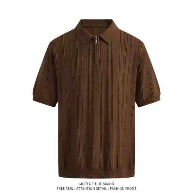 Laid-back Japanese Style Half Zip  Shirt Men's Lightweight Knitted Short Sleeve Turn-down Collar Summer Fashion Urban Mal...