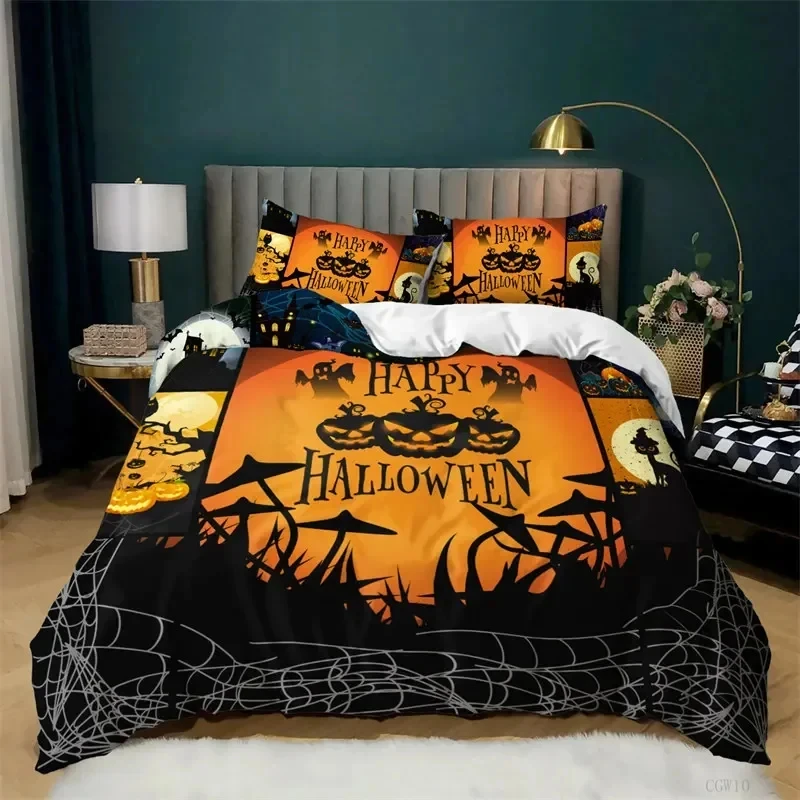 

Cartoon Pumpkin Duvet Cover Gothic Halloween Bedding Set Polyester Lantern Ghost Comforter Cover Twin King For Boys Girls Room