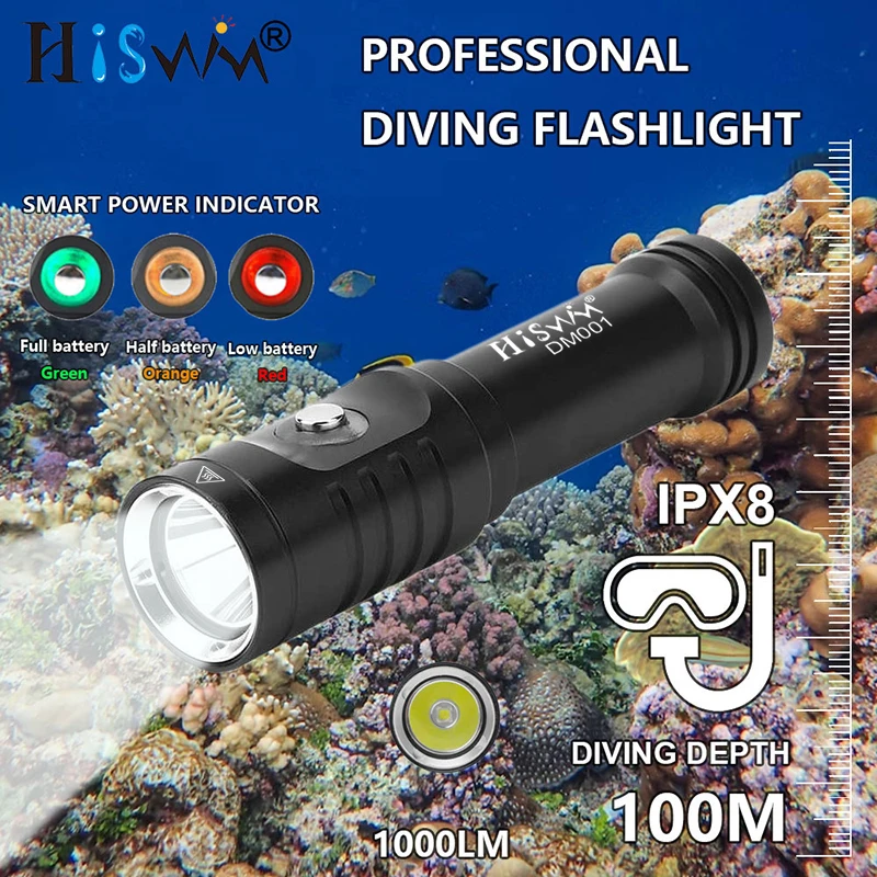 

HISWN DM001 Portable Mini Diving Flashlight IPX8 Professional waterproof 1000LM Ultra bright 18650 Rechargeable 3 modes