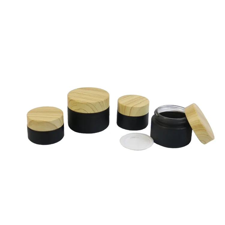 غطاء قطارة من الخيزران، زجاجة مصل زجاجية سوداء غير لامعة، زجاجة زجاجية غير لامعة، برطمان كريم زجاجي بلوري أسود مع غطاء حبوب خشبية بلاستيكية