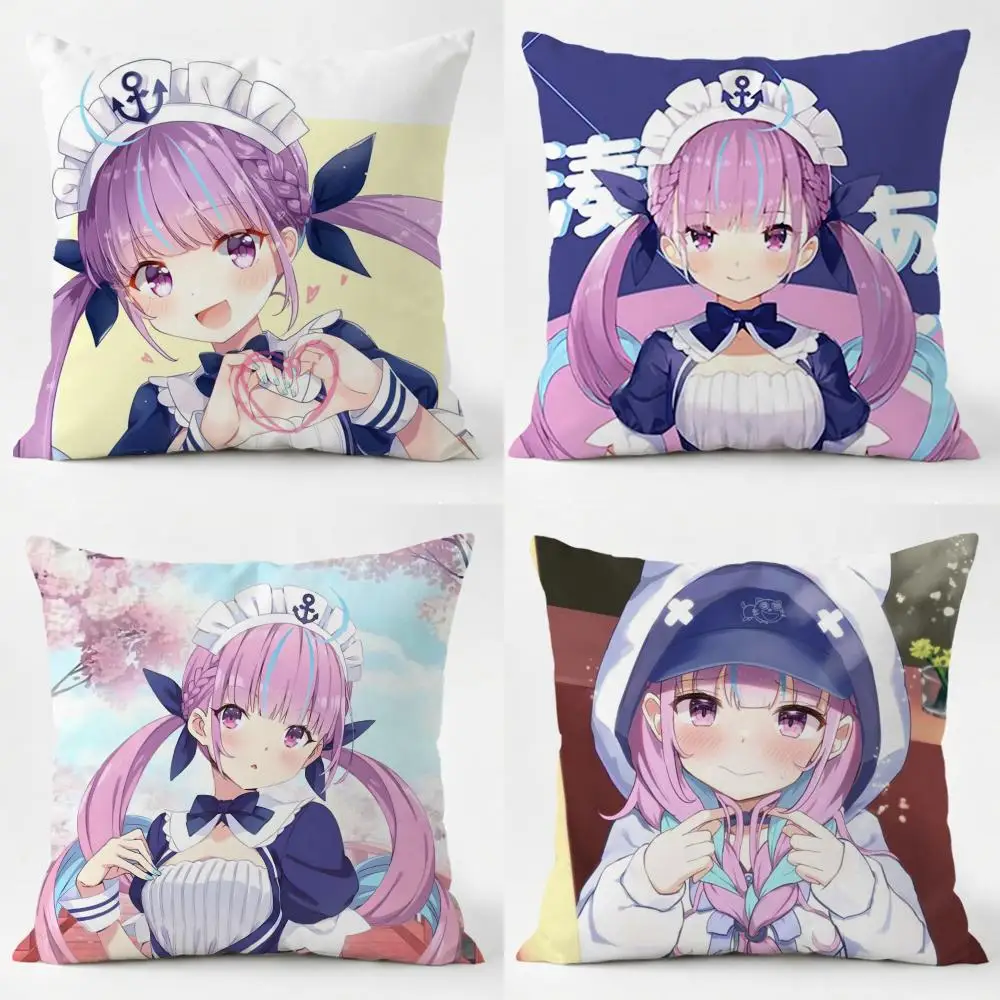 H-Hololive M-Minato Aqua Cushion Cover Daily Washable Linen Pillowcase Soft  for Sofa Bed Home Room Decor