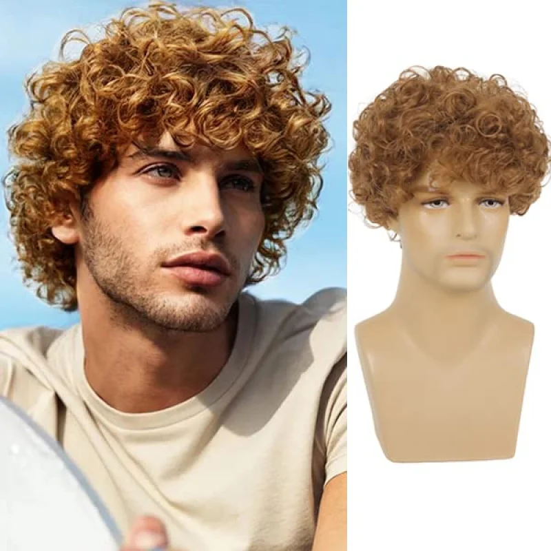 Men'S Short Curly Wig, Light Brown, Synthetic Hair, Use For Halloween, Cosplay, Costume, Men'S Disco Style