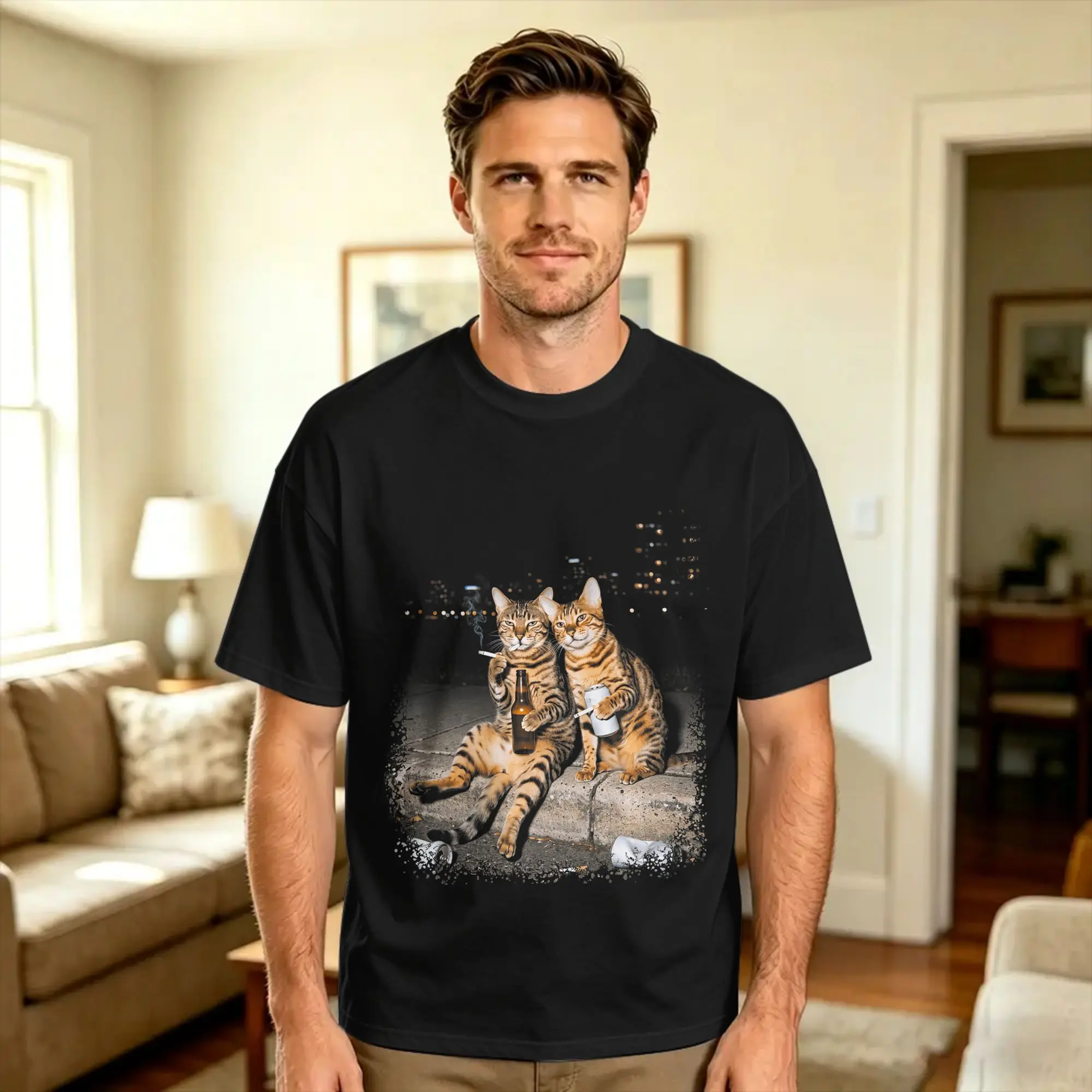 Funny 2 Smoking Bengal Cats Drinking Beer Meme Cotton T Shirt For Men Summer  Classic T Shirts Harajuku Tees Oversized Clothes
