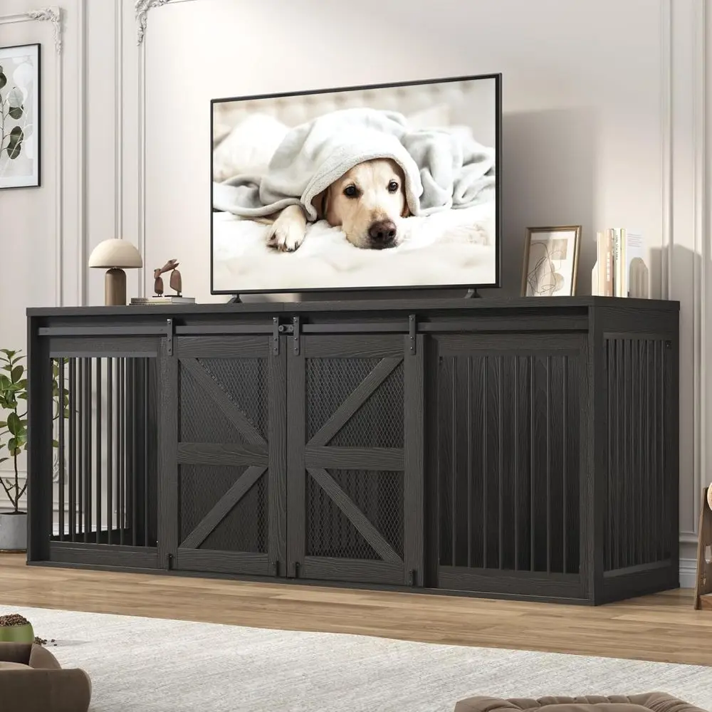 

Wooden Dog Crate TV Stand with Sliding Metal Door, Large Kennel Furniture for Multiple Dogs, Black