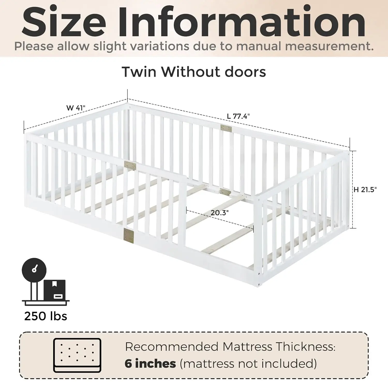 Twin Size Floor Bed with Extra High Rails Rubber Wood Slats Bed Frame Without Door Easy Assembly White Customized