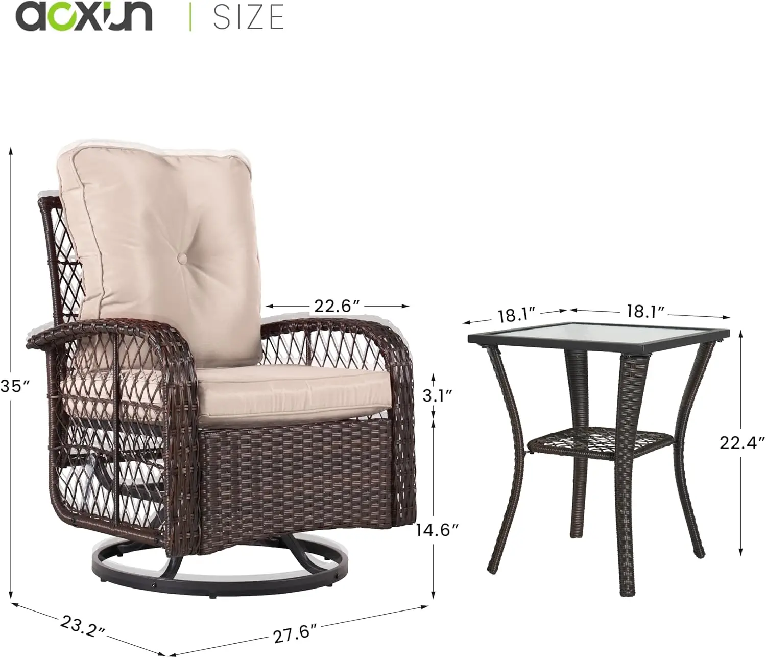 Outdoor Swivel Rocker Chair Set com pequena mesa lateral, vime Rattan, pátio mobiliário conjunto para quintal, varanda, deck