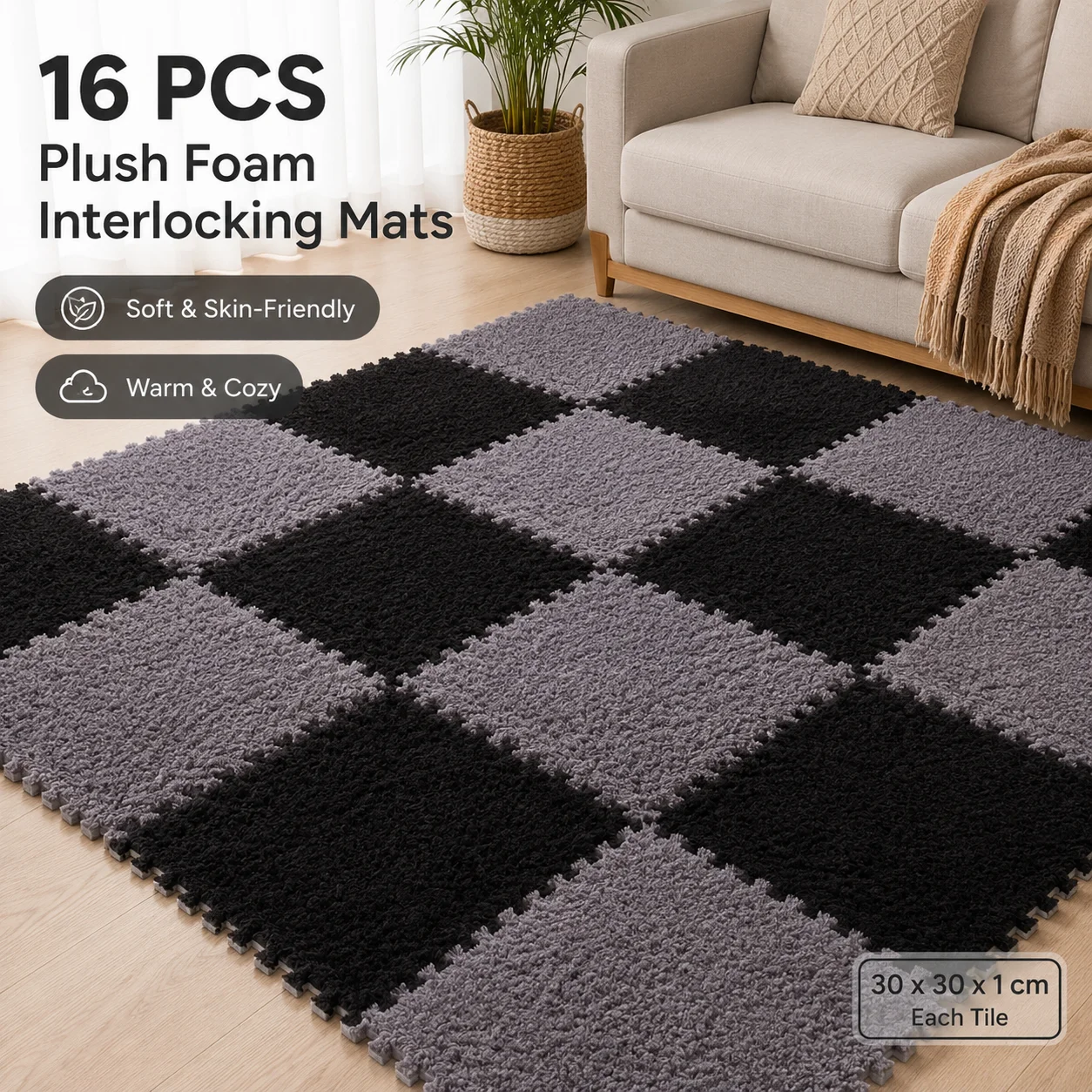 16Pcs Plush Foam Interlocking Mats Soft Puzzle Floor Tiles 30x30cm Bedroom Bedside Rug Play Area Flooring Carpet