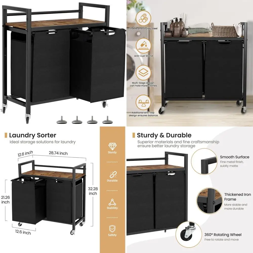 

Double-Bag Laundry Sorter Basket with Wheels and Shelf for Home Organization (Black)