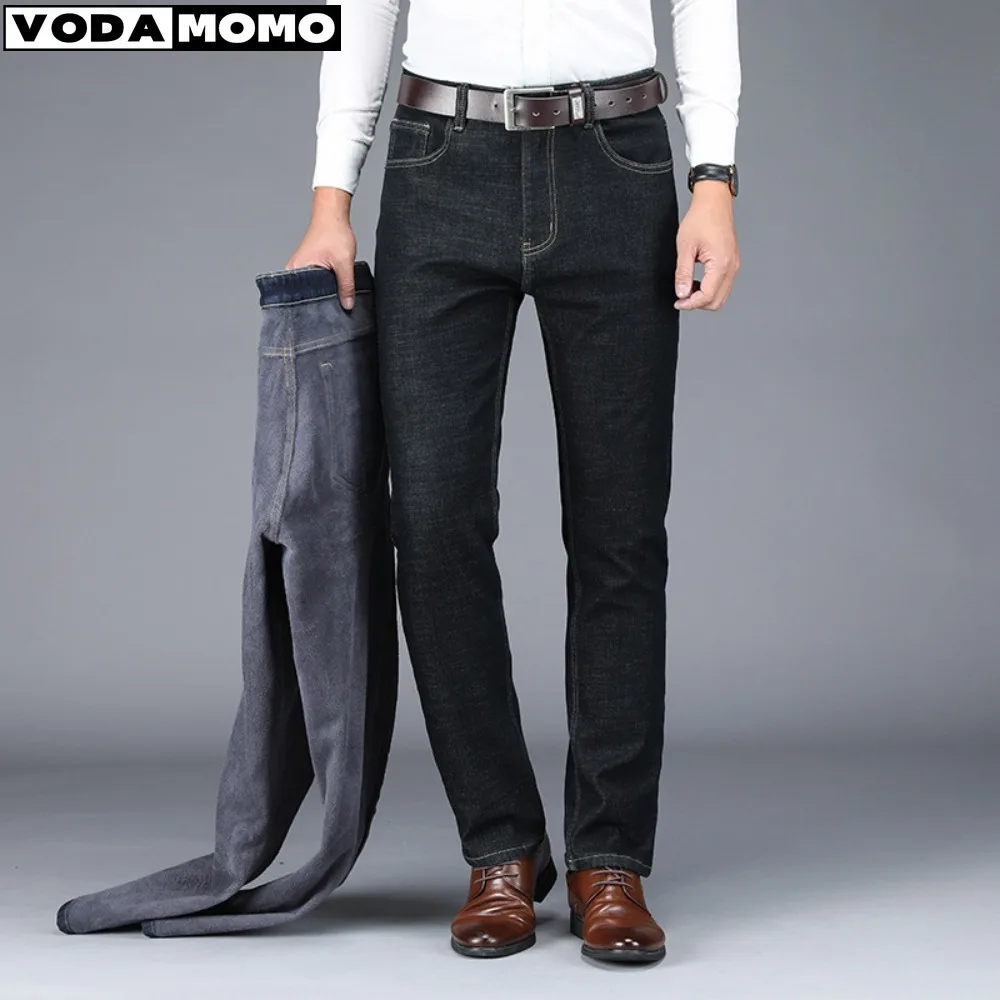 

2025 зимние новые мужские теплые джинсы, деловая мода, классический стиль, черные, синие джинсовые прямые флисовые толстые брюки, мужские брендовые брюки