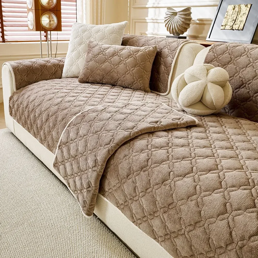 Non-slip Cat-scratch-proof Couch Pad Chinese Style Diamond Shaped Grid Sofa Cover Thickened Autumn Winter Plush Sofa Cushion