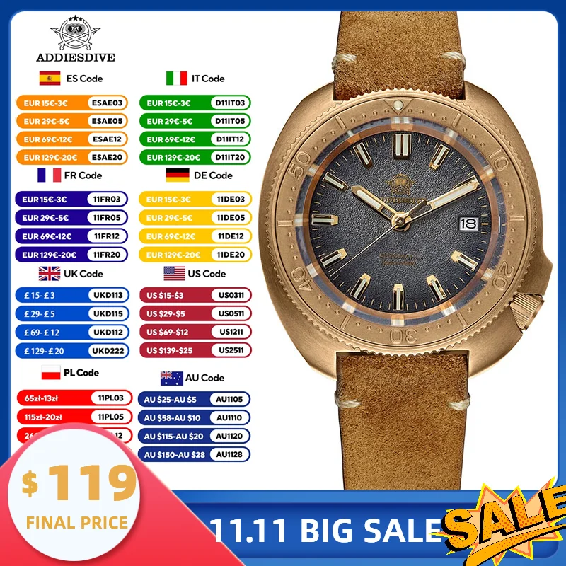 

ADDIESDIVE AD2097 Diver's Watch NH35A Movement Bronze Case Rubber Strap 120 Tooth Bezel Sapphire Glass 100M Waterproof Glow Dial