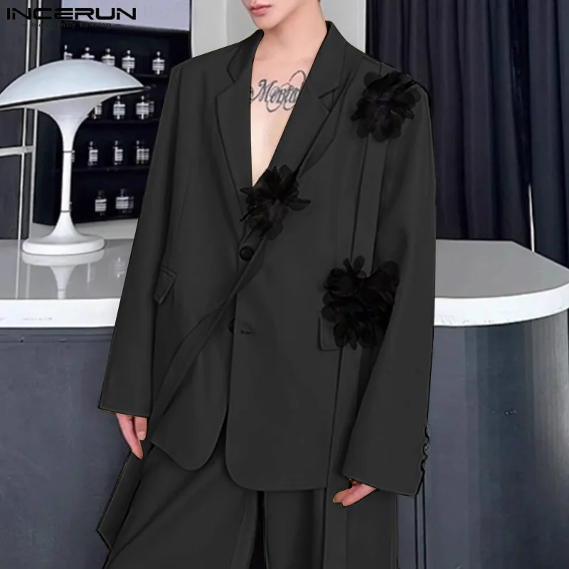 INCERUN Men Blazer Flower Patchwork Casual Suits 2025 Long Sleeve Loose Handsome Elegant Lapel Collar Thin Coats Blazer Men