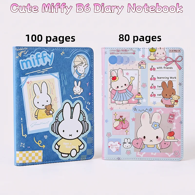 80/100 Pages Miffy Leather Notebooks Kawaii B6 Full-color Inner Pages Thickened Student  Handbook Diary Office Notepad Gift