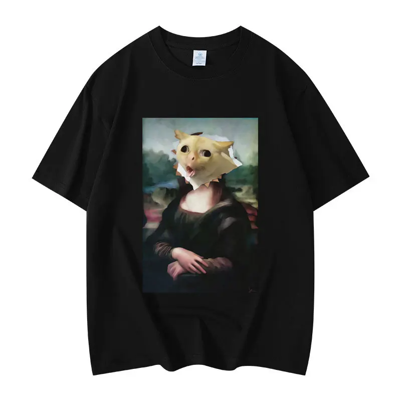 

Mona Lisa Funny Cat Meme T-shirt Men's Women Fashion Vintage Short Sleeve T-shirts Summer Casual Loose Cotton T Shirt Streetwear