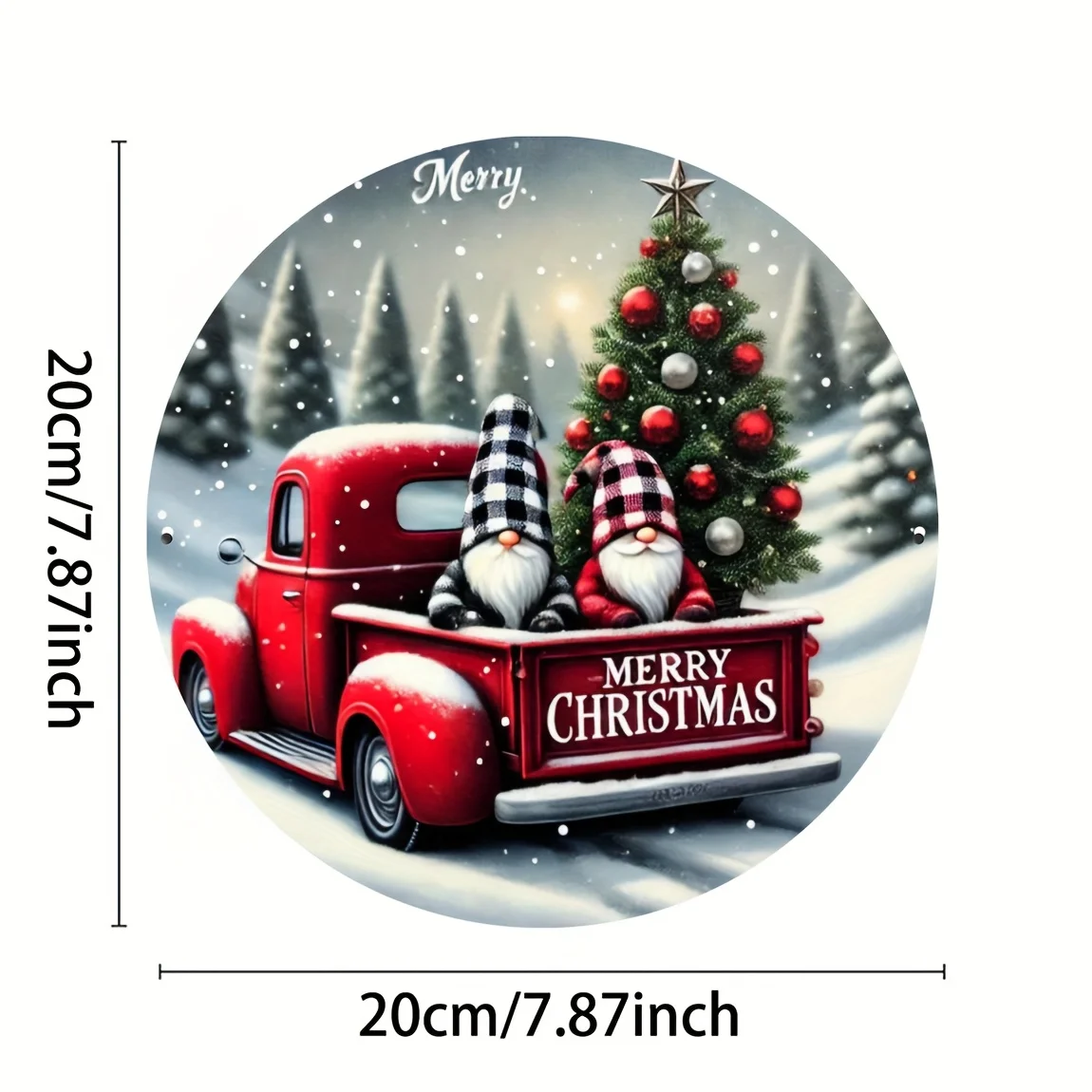 2D Flat, 1pc, Christmas Tree Red Truck with Dwarf Santa Claus, Round Iron Metal Sign, Suitable for Indoor and Outdoor, Bar, Coff