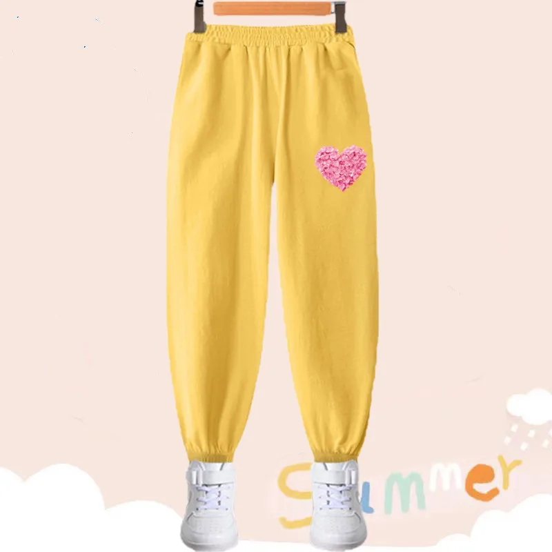 Girls Candy Color Sports Pants Summer Anti-Mosquito Pants Kids Fashion Love Heart Ankle Trousers 3-14Years Teenage Clothes