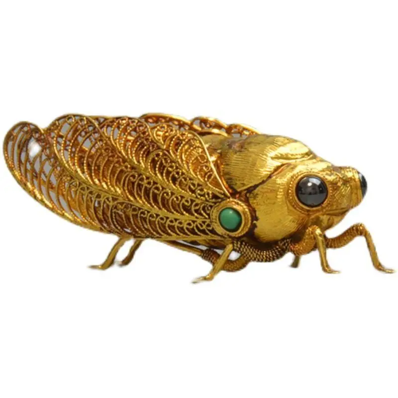 Antique Yellow Golden Cicada Ornament High-grade Gilt Filigree Inlaid with Green