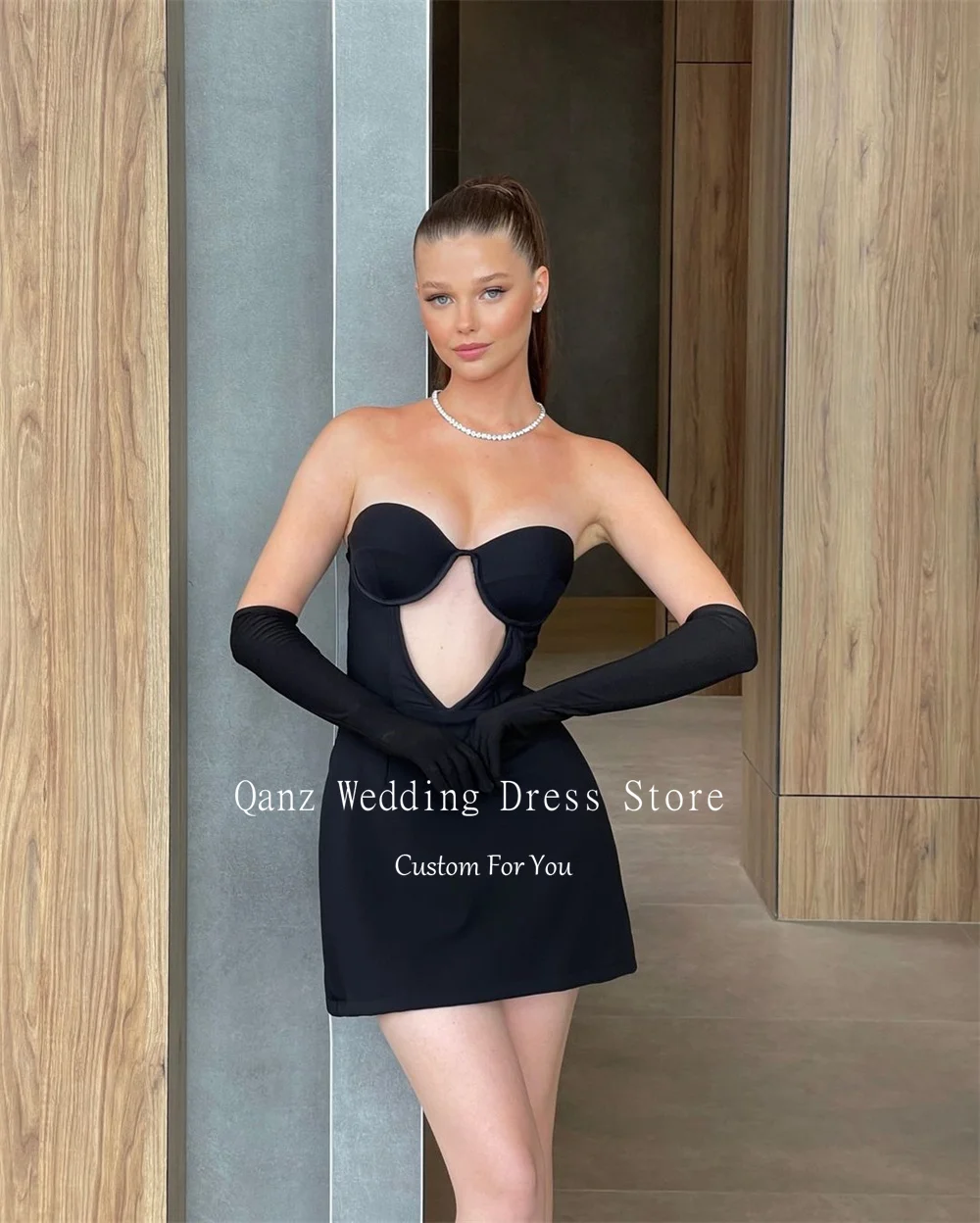 Qanz Short Black Prom Dresses Strapless Mini Satin Sexy Cocktail Dresses Plus Size Party Luxury Dress Women 2024 High Quality