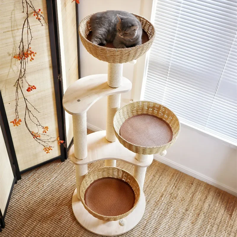 EcoMeows 136 cm-Rattan Natural Condo-Large Cat Play Furniture-Modern Cat Tree-Climber Post Perch-Lounger Bed