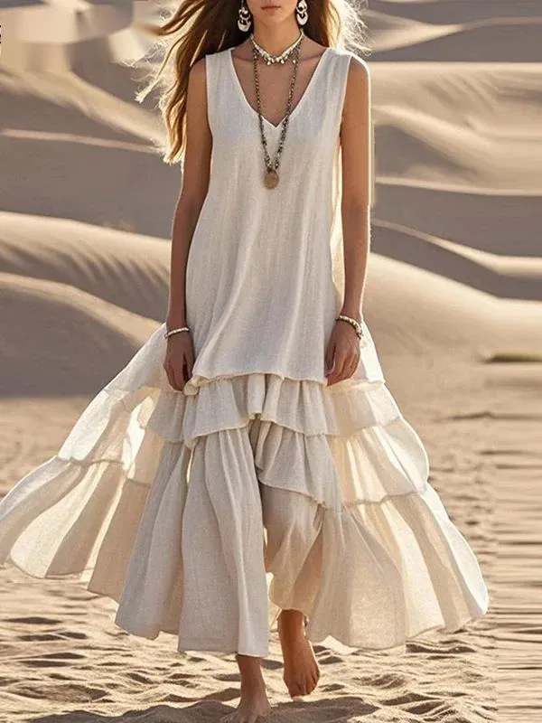 Retro Solid Cotton Linen Pleated Long Dress Woman Spring Fashion V Neck Loose Maxi Dress Summer Sleeveless Tank Boho Beach ZSA8