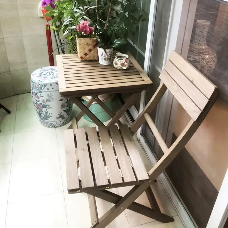 Balcony Folding Table Chair Combination Small Unit Simple Multi Functional Installation Free Portable Solid Wood Outdoor Tables