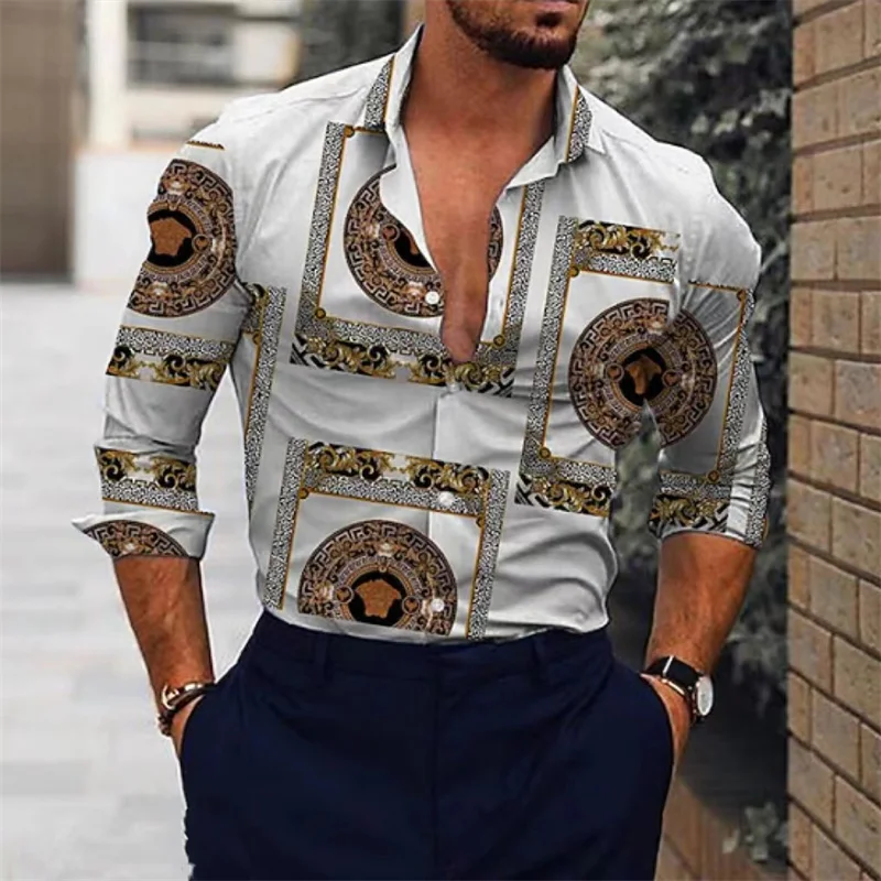 Camisas masculinas impressas em 3D para passeios diários, lapelas elegantes, roupas de manga comprida, designers para lazer