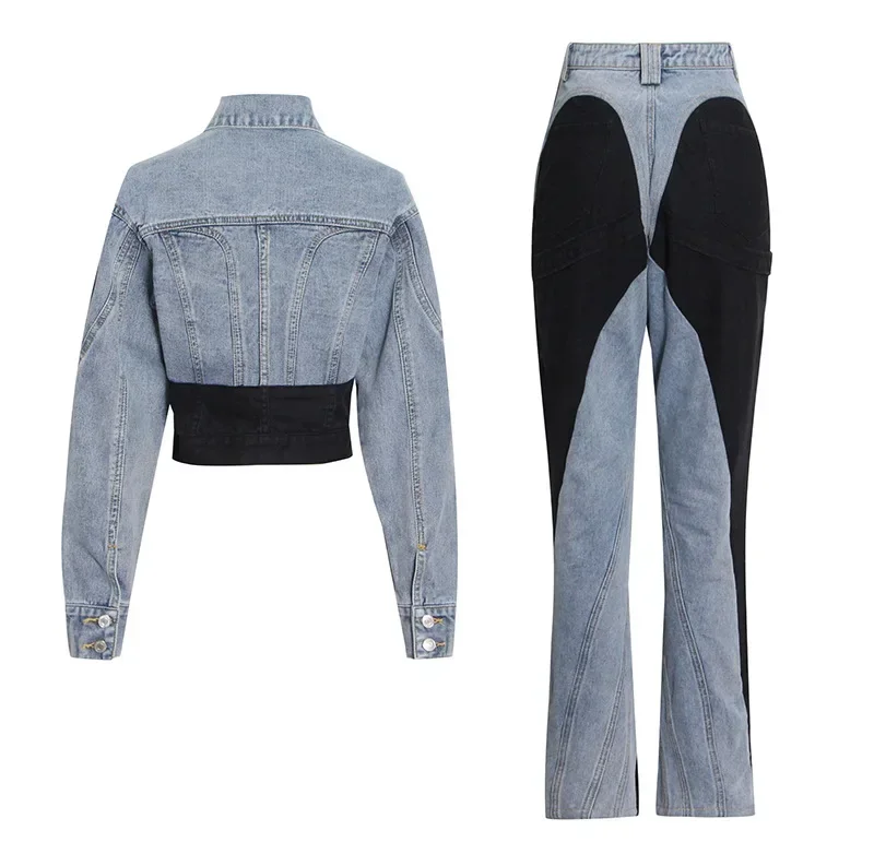 Korean Version Niche Style Two-Piece Set New Black And White Patchwork Short Denim Shirt+High Waisted Straight Leg Pants