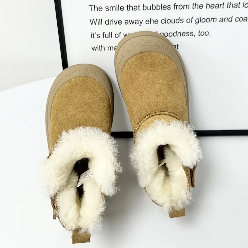 جلد طبيعي الفتيات أحذية أطفال طويلة الرقبة الشتاء الدافئة الصوف بطانة الأطفال أحذية الثلوج مقاوم للماء عدم الانزلاق جلد البقر الفتيان الأحذية #5