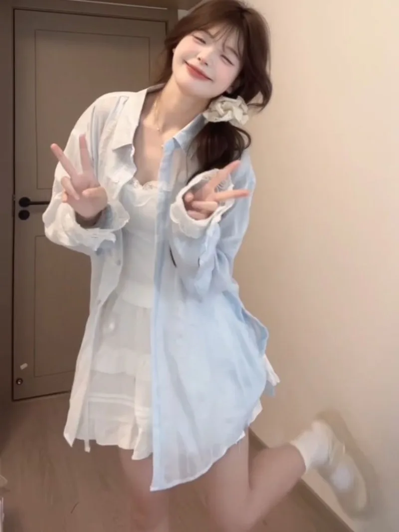 Sweet Girls Clothes Preppy Style Small Fresh Blue Sunscreen Shirt Paired with Lace Patchwork Camisole Top and Skirt 3 Piece Sets