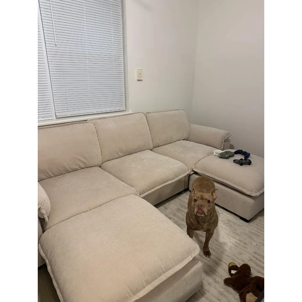 

Modular Sectional Sofa – Deep-Seat Cloud Couch with Reversible Chaise, L-Shaped Design | Padded Armrests & Chenille Beige