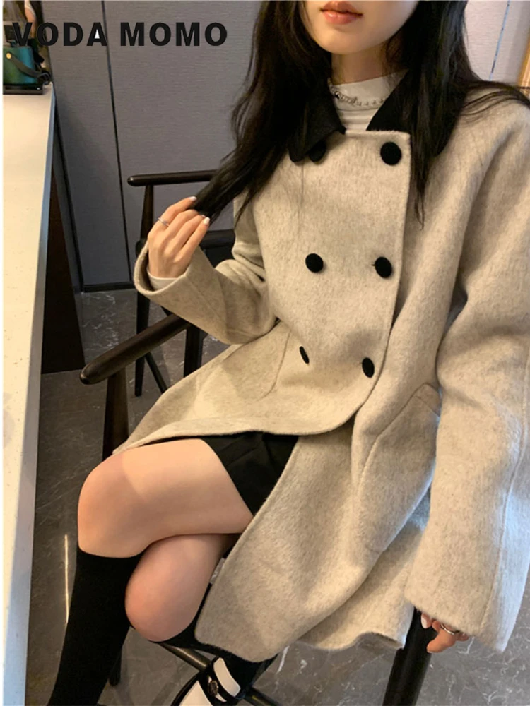 New French 2024 Women Fashion Colored Blocking Lapel Long Sleeve Lapel Double Breasted Long Sleeved Shirt Jacket Overcoat Winter