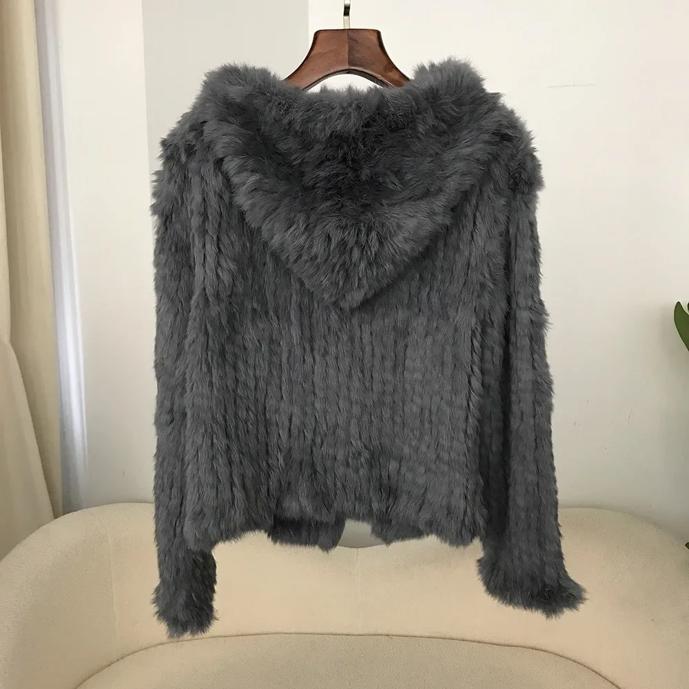 2024 Autumn and Winter New Encrypted Thickened Handmade Double-sided Woven Hooded Korean Style Short Rabbit Fur Coat for Women