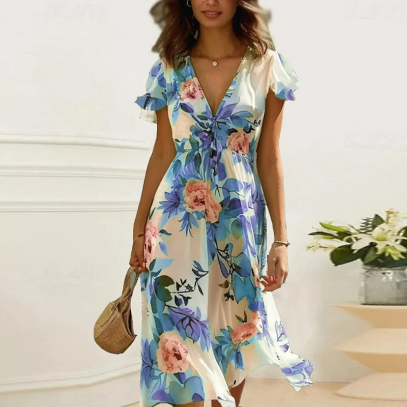 

Spring Fashion Floral Print A-Line Long Dress Women Deep V Neck Draped Party Dress Summer Short Sleeve Bohemian Maxi Dress Mujer