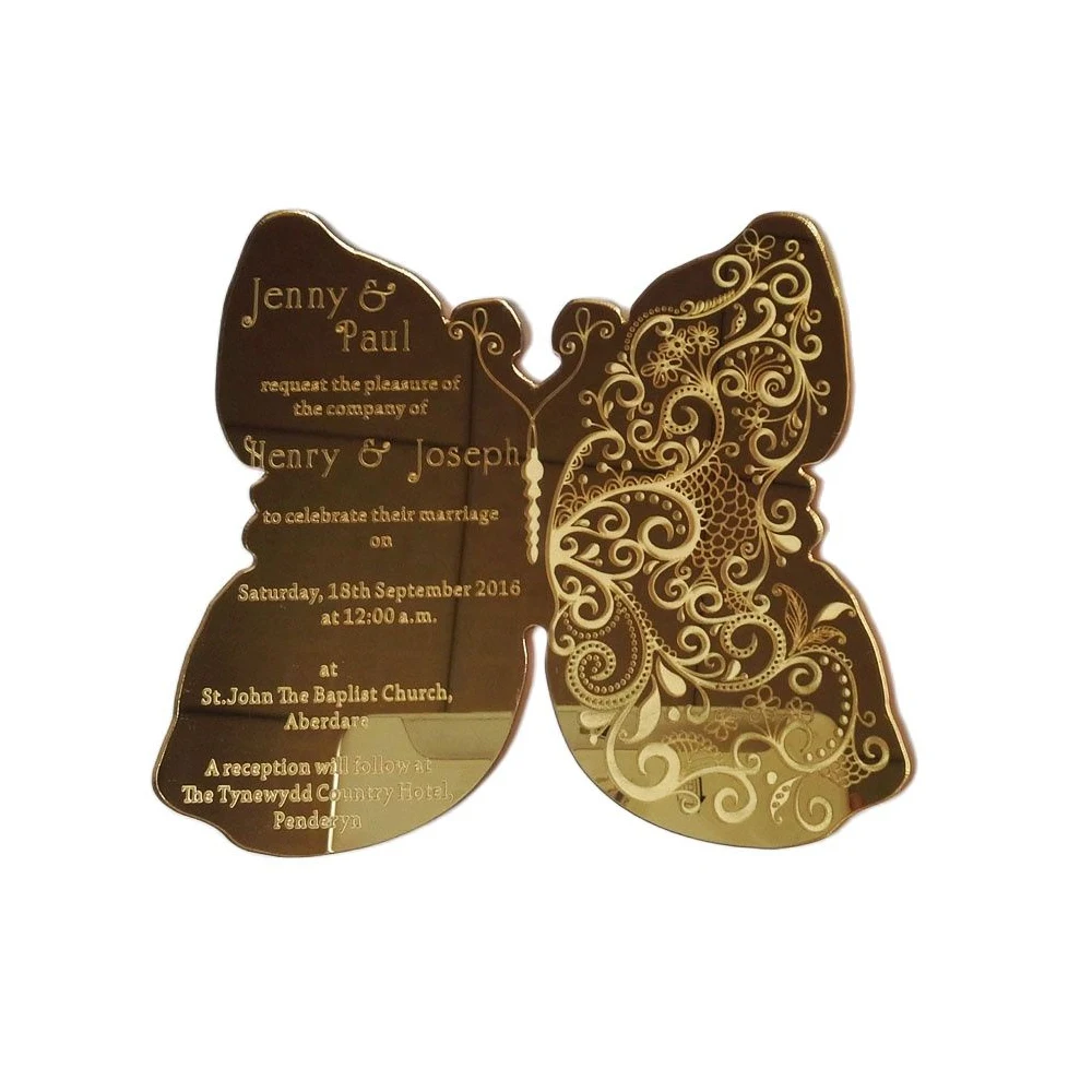 

Customized 180*150mm Butterfly shape golden mirror acrylic wedding invitation card(1lot=100pcs)