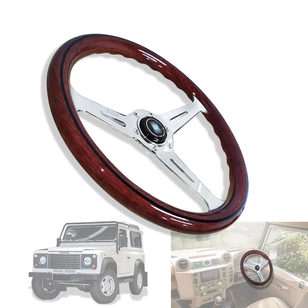 

Classic 350mm Wood Style Steering Wheel Chrome Spoke Retro Car Sports Steering Wheel For Land Rover Defender 1990-2016