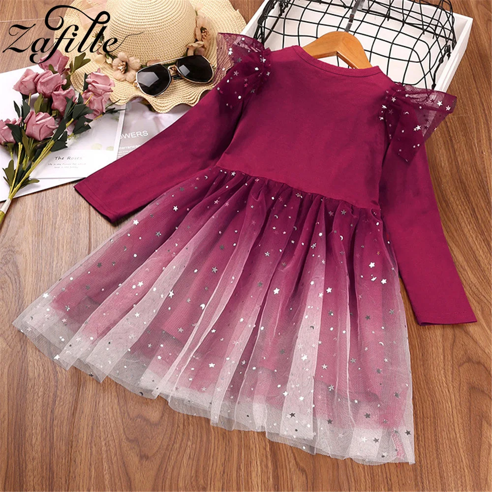 ZAFILLE Kids Girls Gradient Mesh Dress Flying Sleeve Baby Clothes Party Wedding Children's Dress Spring Autumn Girls Clothing