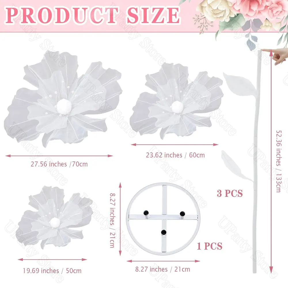 3Pcs/Set Giant Wedding Flowers Huge Gauze Artificial Flowers with Standing Base for Wedding Bridal Shower Engagement Party Decor